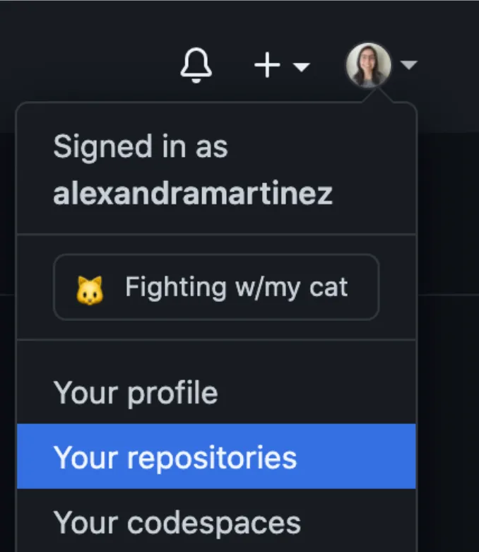 GitHub profile dropdown menu with Your repositories highlighted