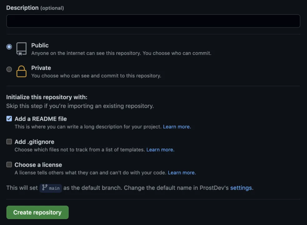 New repository form set to Public with Add a README file checked, and Create repository button
