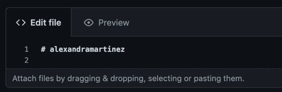 GitHub README editor with Edit file and Preview tabs showing the # alexandramartinez heading