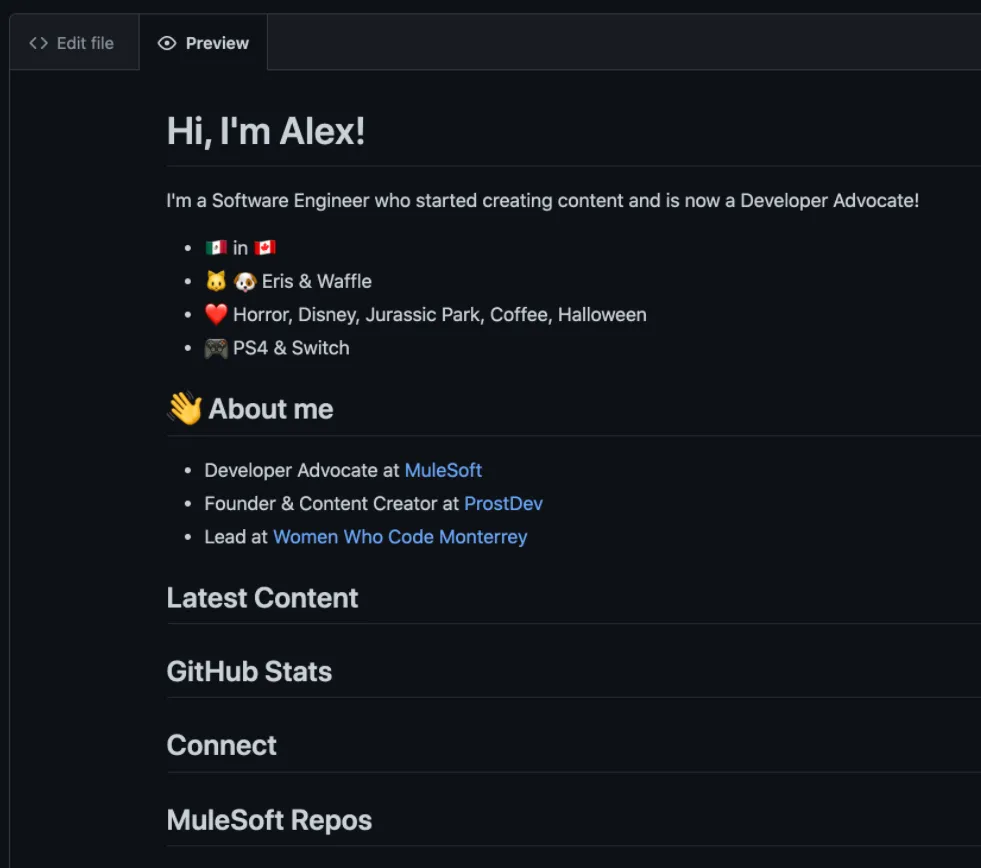 Rendered README preview with the intro, emoji bullets and About me links plus section headers