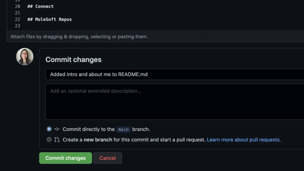 Commit changes form with a custom message Added intro and about me to README.md