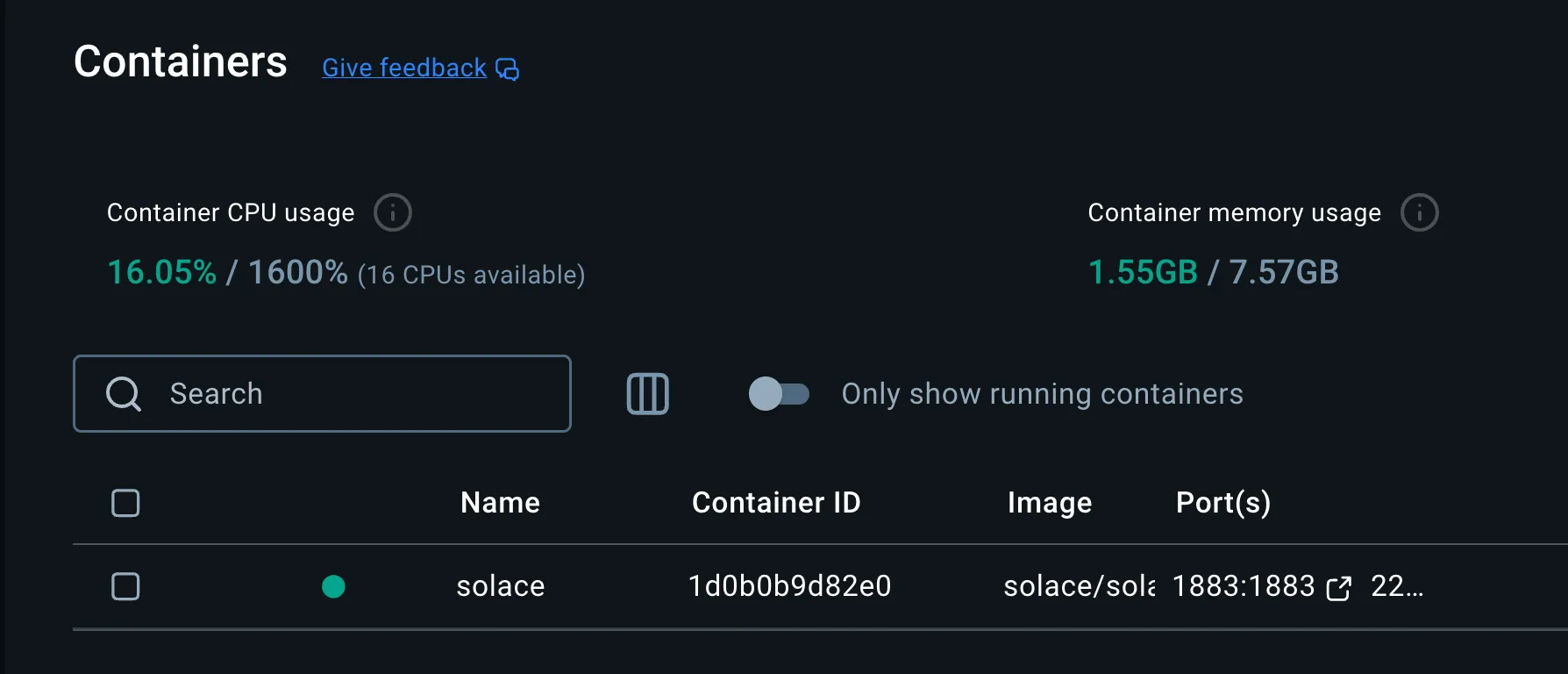 Docker Desktop Containers list with the running solace container and a green status dot
