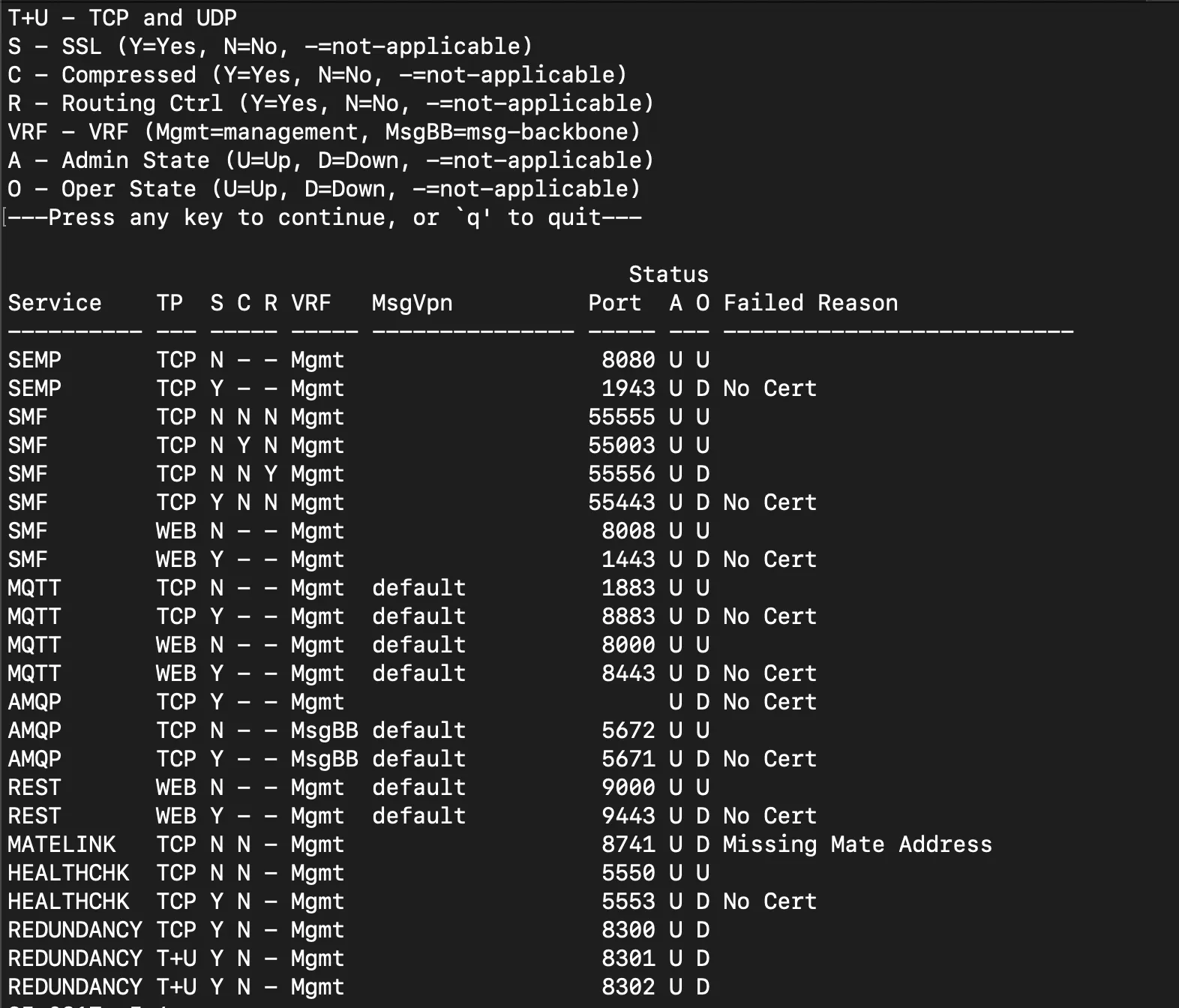 Solace CLI "show service" output listing the SMF over TCP port as 55555