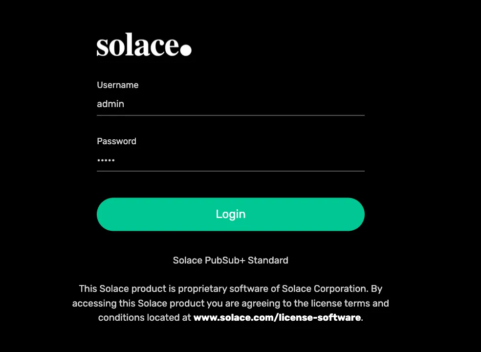 Solace PubSub+ Standard login screen with the admin username filled in