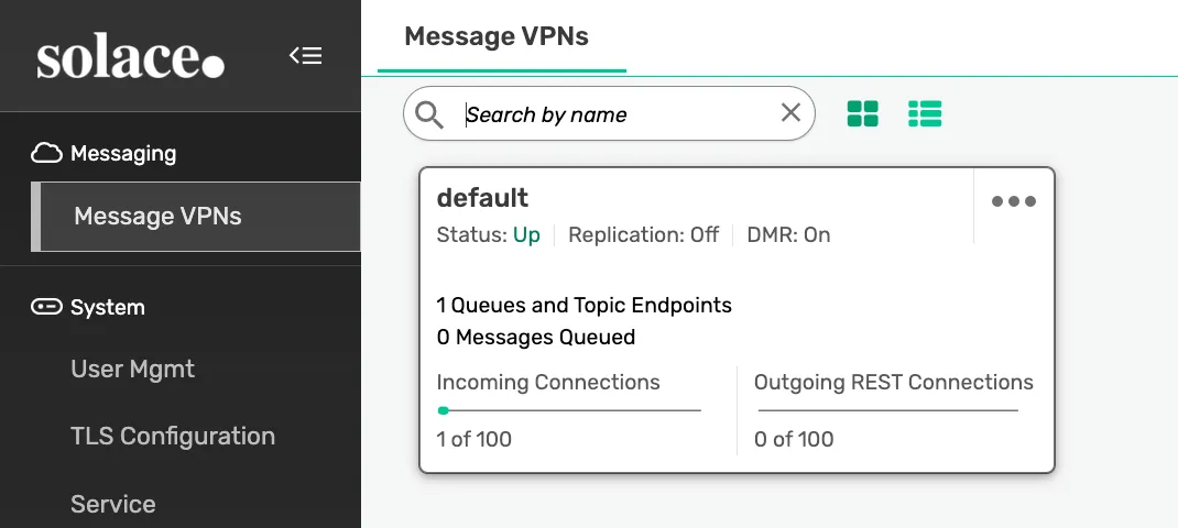 Solace Message VPNs screen showing the default VPN card with status Up