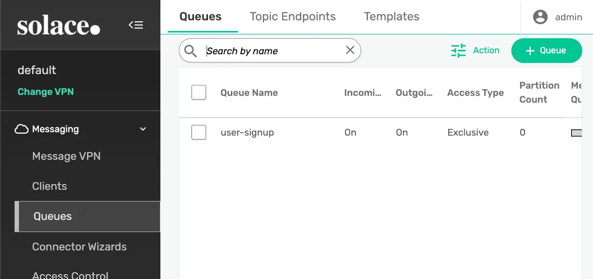 Solace Queues tab with a new user-signup queue and the +Queue button
