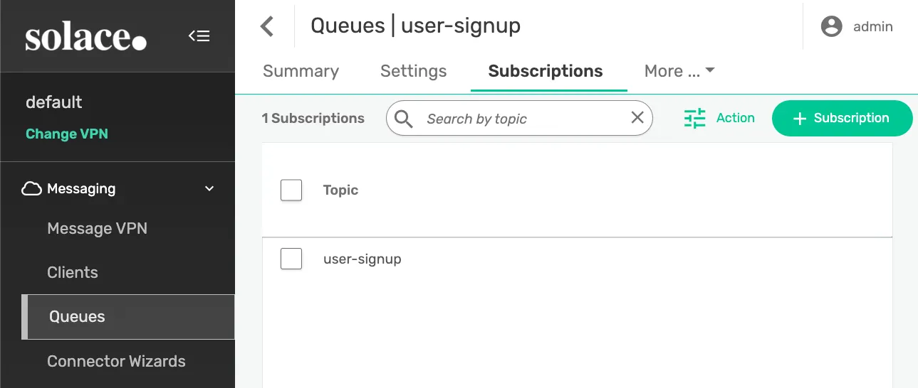 user-signup queue Subscriptions tab with a user-signup topic subscription added