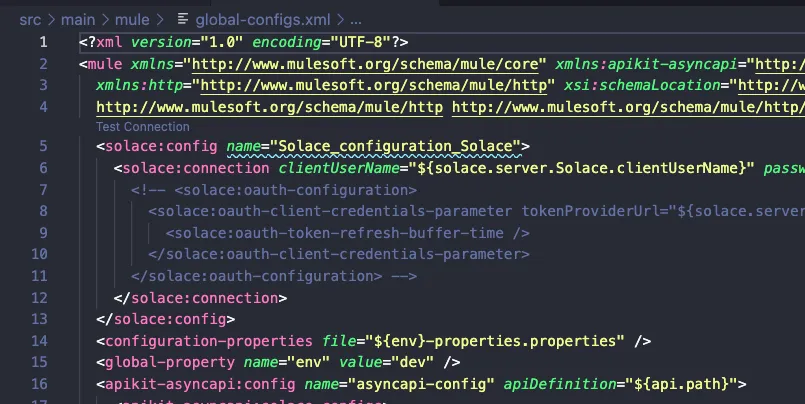 global-configs.xml in ACB with the Solace OAuth configuration block commented out