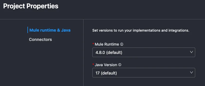 Project Properties pane setting the Mule Runtime to 4.8.0 and Java to 17
