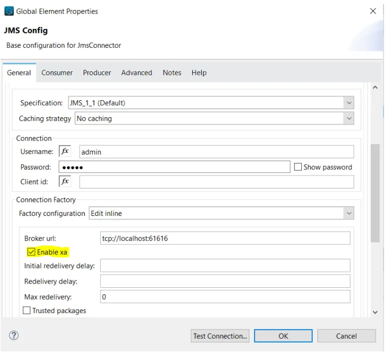 JMS Config with No caching strategy and the Enable xa checkbox ticked in the connection factory