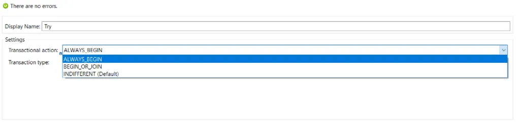 Try scope settings with the Transactional action dropdown open showing ALWAYS_BEGIN, BEGIN_OR_JOIN, INDIFFERENT