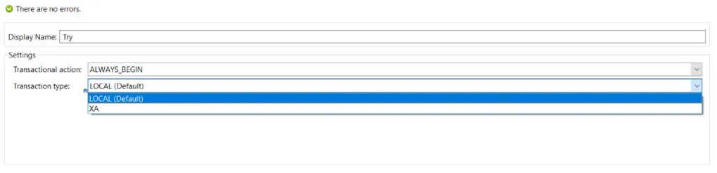 Try scope settings with the Transaction type dropdown open showing LOCAL and XA options