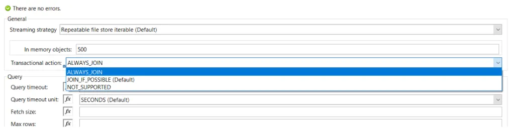 Database operation Advanced tab with the Transactional action dropdown set to ALWAYS_JOIN