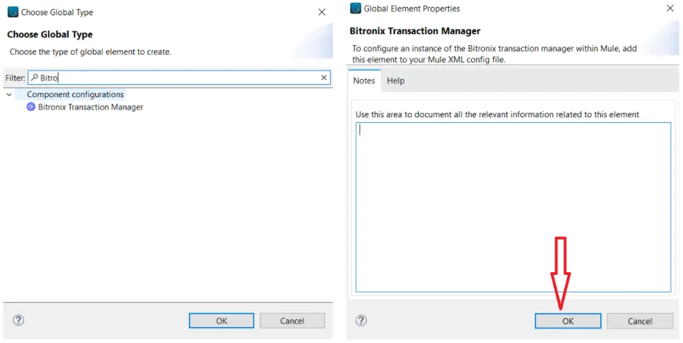 Two dialogs: choosing the Bitronix Transaction Manager global type, then its properties with OK highlighted
