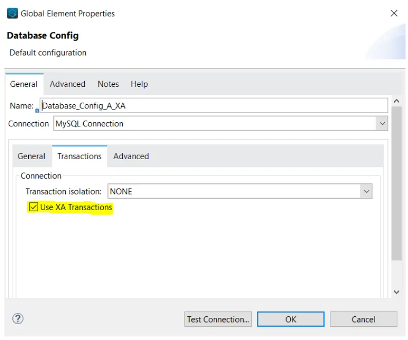 Database Config Transactions tab with the Use XA Transactions checkbox ticked