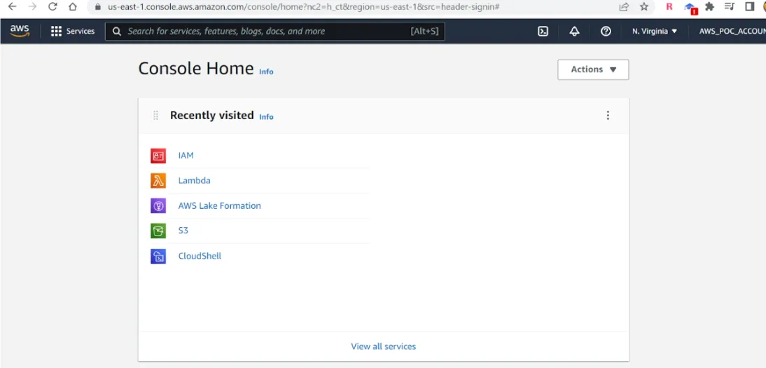 AWS Console Home showing recently visited services including IAM, Lambda, and S3