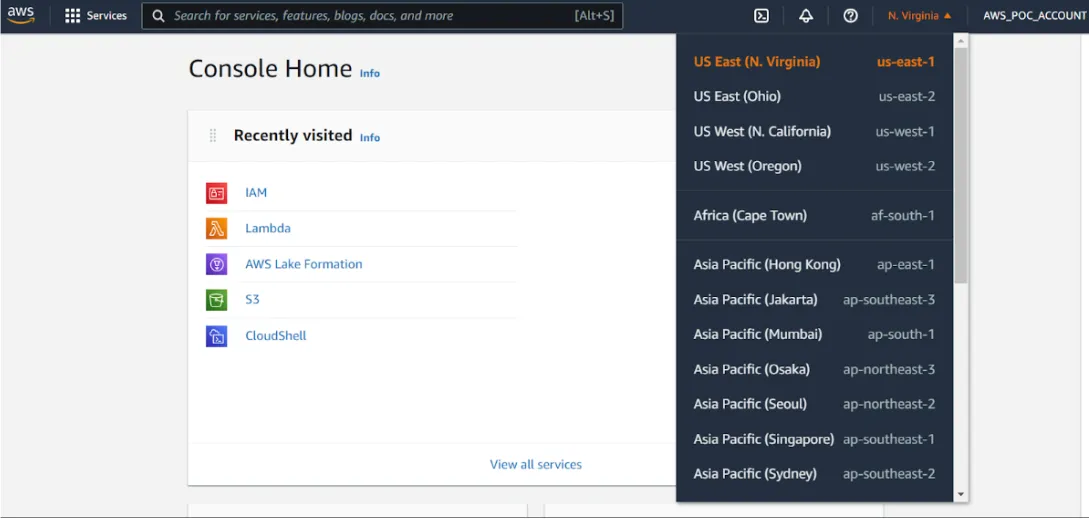 AWS region dropdown open, listing US and Asia Pacific regions