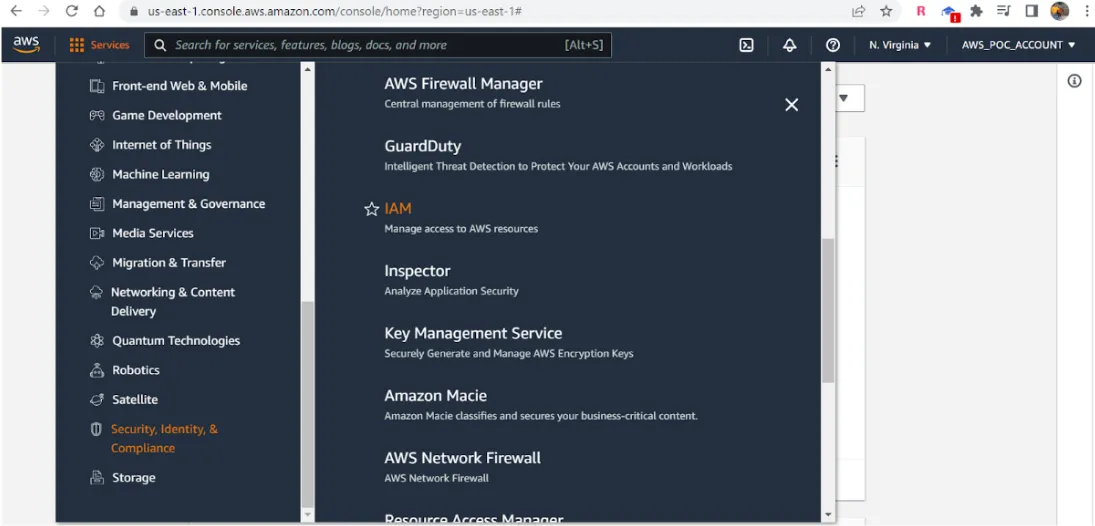 AWS Services menu open on Security, Identity and Compliance with IAM listed