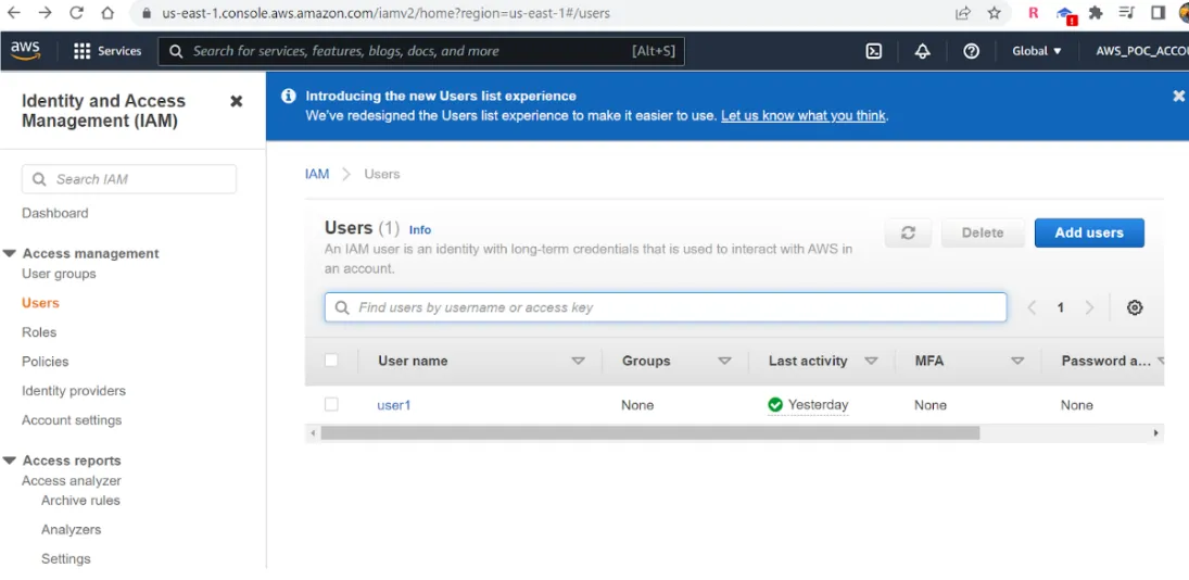IAM Users list showing one user with an Add users button