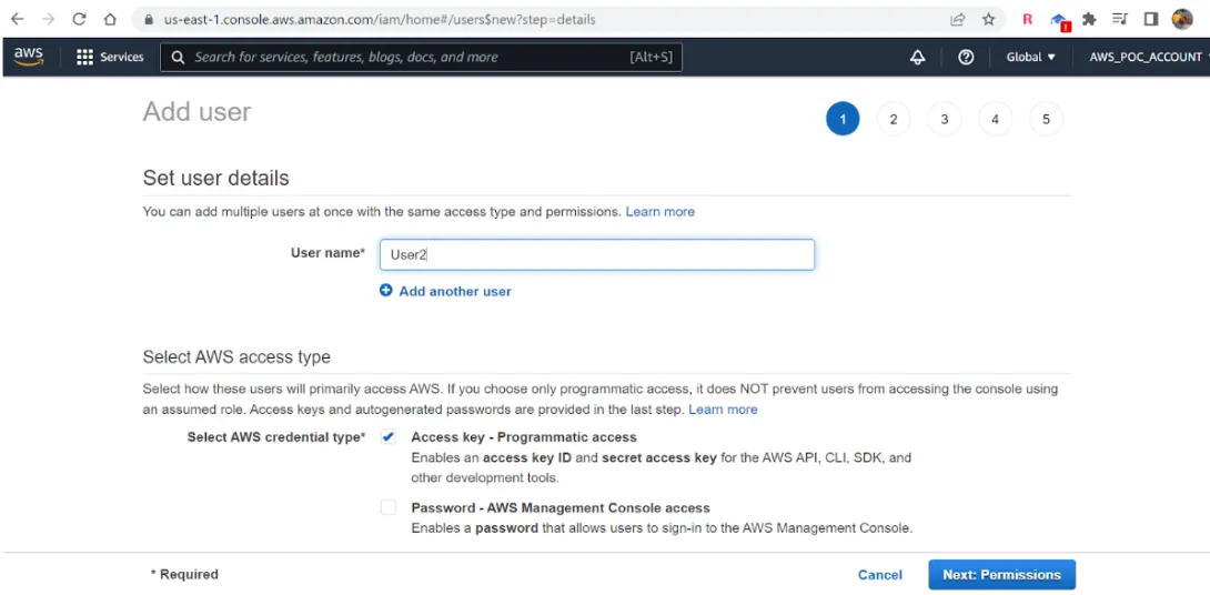 IAM Add user step 1 setting a user name and selecting programmatic access key