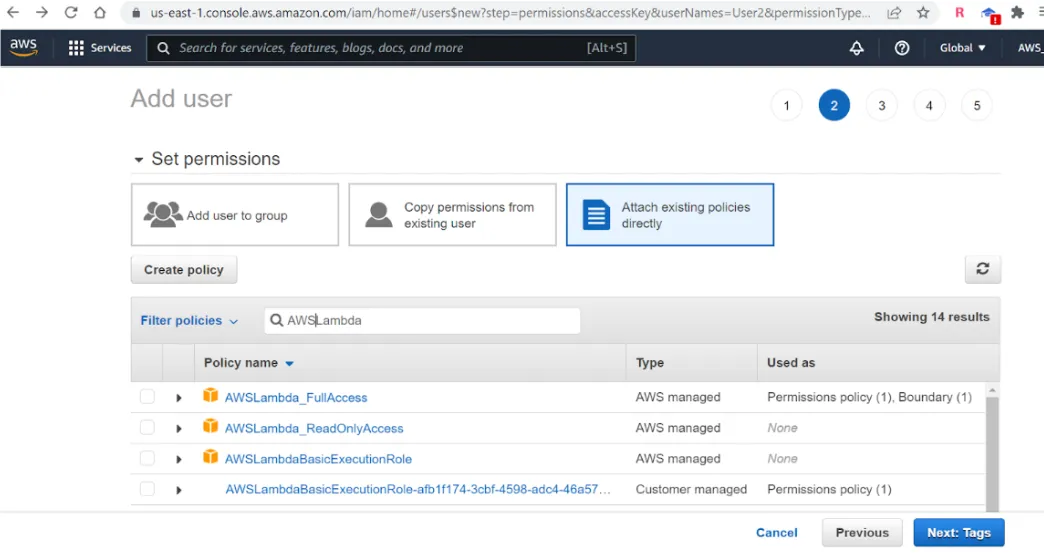 IAM permissions step with Attach existing policies directly and AWSLambda search