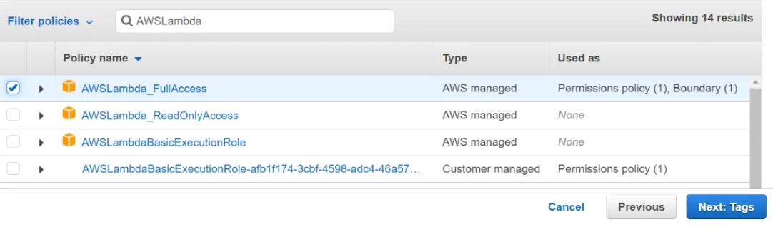 Policy list with AWSLambda_FullAccess checkbox selected