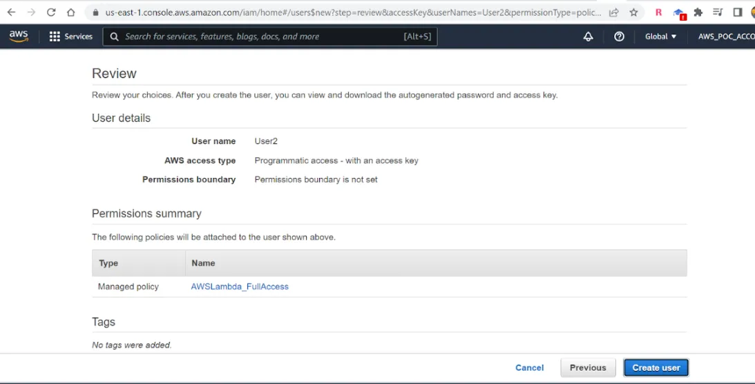 IAM Review screen summarizing the user with AWSLambda_FullAccess attached