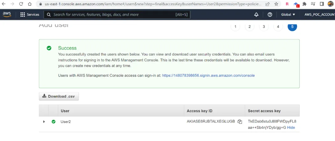 IAM success screen showing the new user's Access key ID and Secret access key