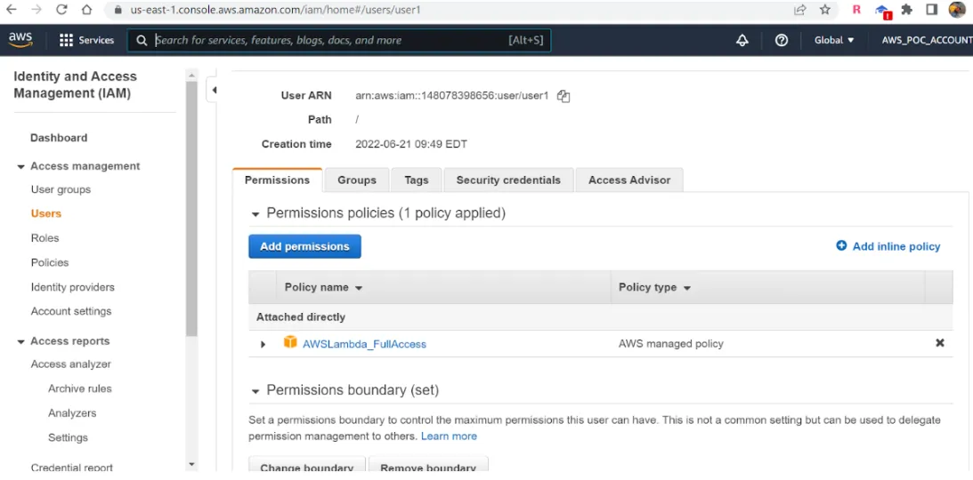 IAM user detail page showing AWSLambda_FullAccess attached directly