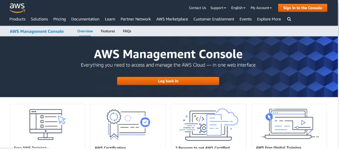 AWS Management Console landing page with a Sign In to the Console button