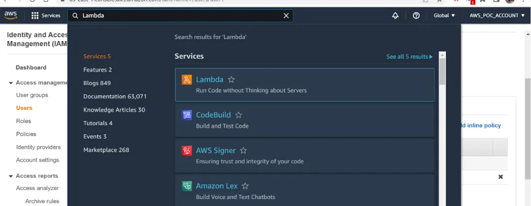 AWS console search for Lambda showing the Lambda service result