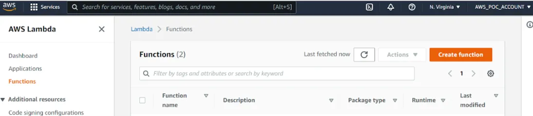 AWS Lambda Functions page with a Create function button