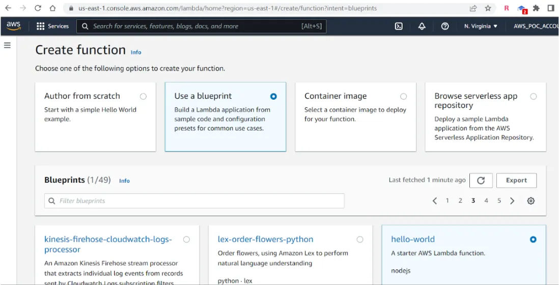 Create function screen with Use a blueprint and hello-world blueprint selected