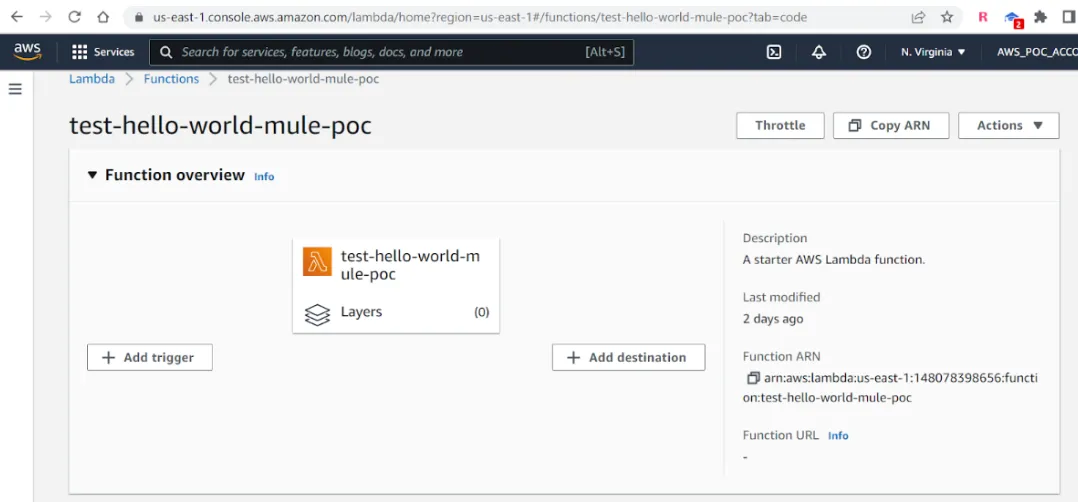 Lambda function overview page showing the function ARN and Add trigger options