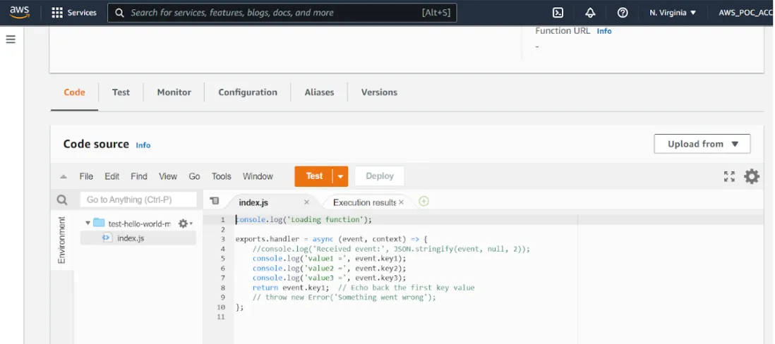 Lambda Code source editor showing the index.js hello world handler