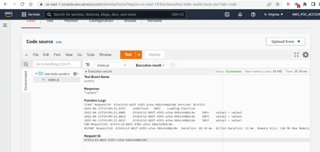 Lambda test execution result showing status Succeeded with function logs
