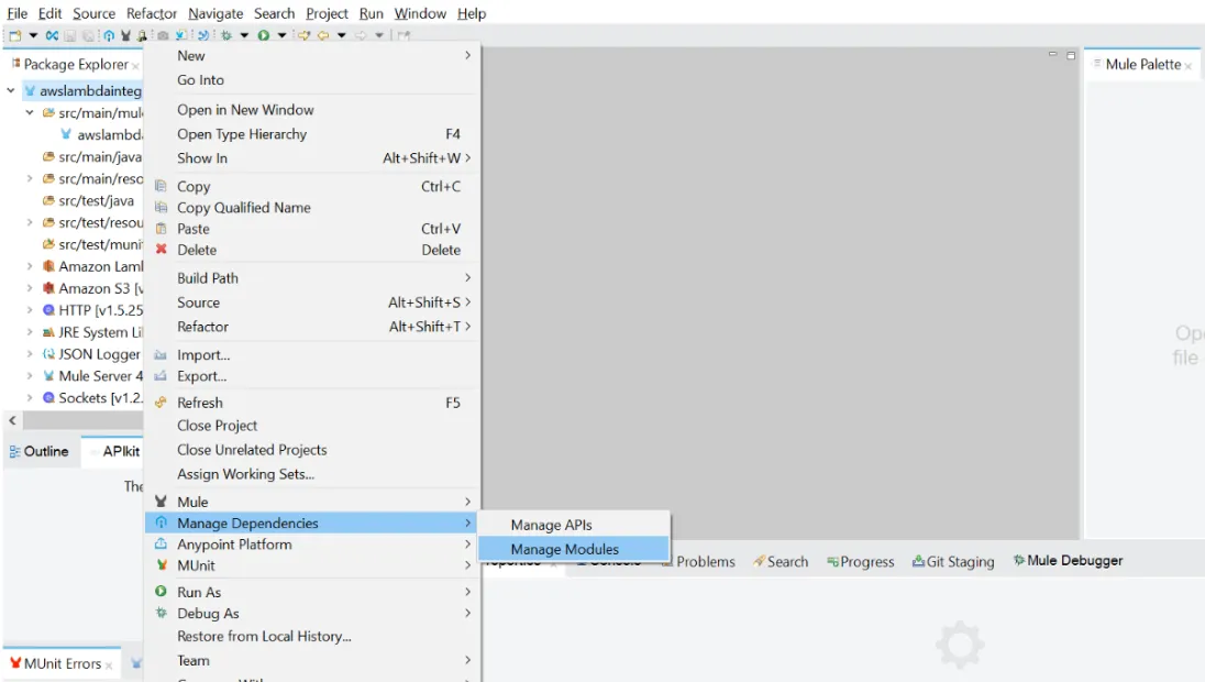Anypoint Studio project right-click menu opening Manage Dependencies then Manage Modules