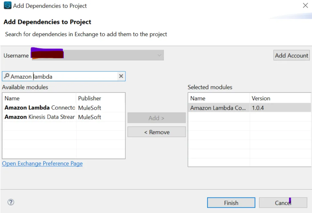 Add Dependencies dialog with Amazon Lambda Connector 1.0.4 added to selected modules