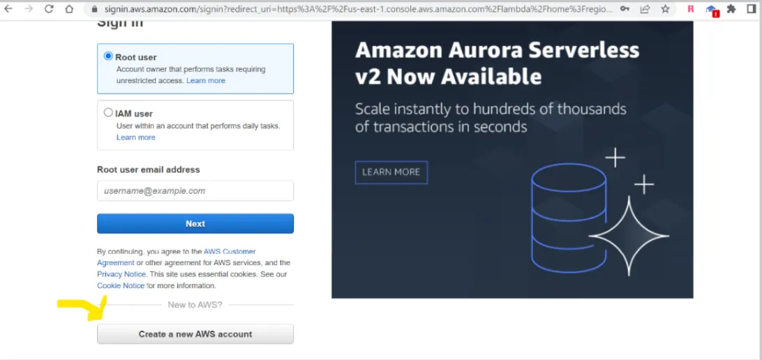 AWS sign-in page with the Create a new AWS account button highlighted