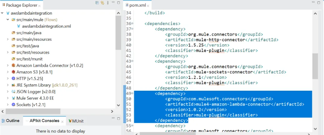 pom.xml showing the mule4-amazon-lambda-connector dependency added