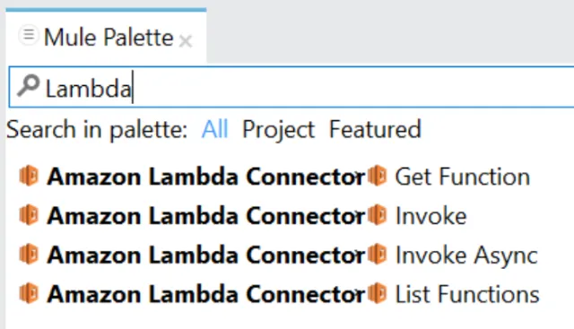 Mule Palette search for Lambda listing Get Function, Invoke, Invoke Async and List Functions