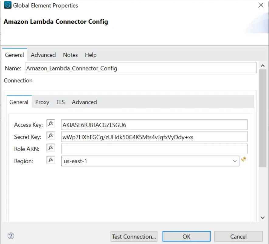 Amazon Lambda Connector global config with Access Key, Secret Key and us-east-1 region