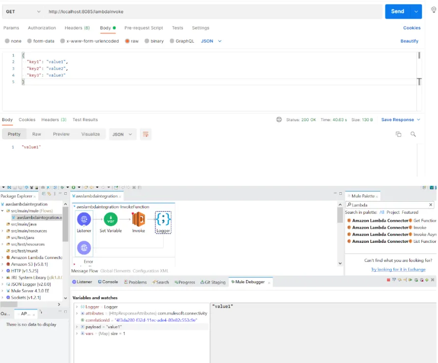 Postman calling lambdaInvoke with a JSON body returning value1 and a 200 OK status
