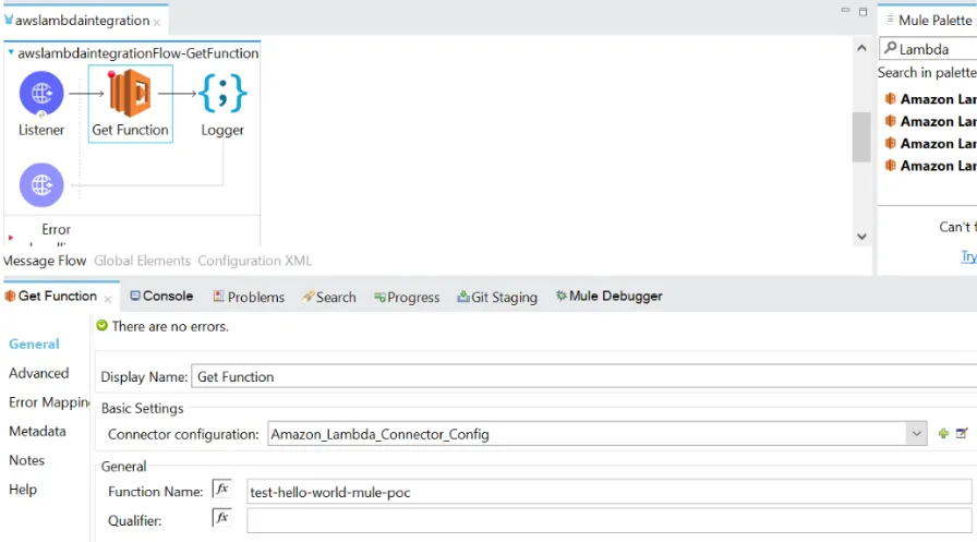 Mule flow with the Get Function operation configured with the function name