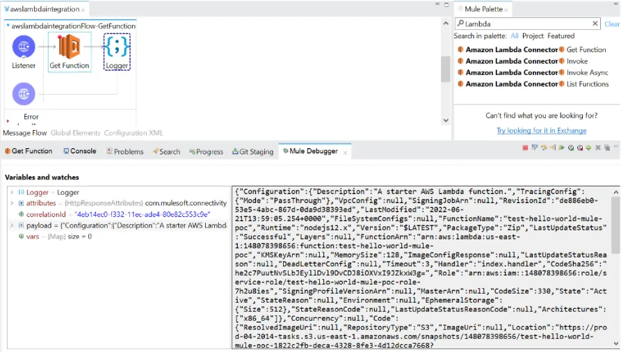 Mule Debugger showing the Get Function JSON response with function configuration details
