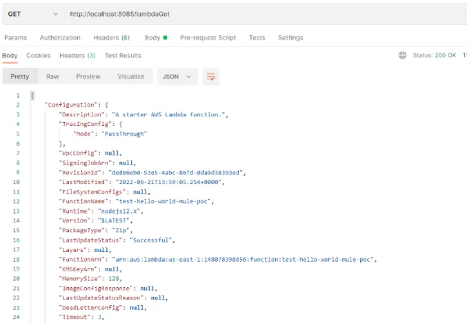Postman calling lambdaGet returning the function Configuration JSON
