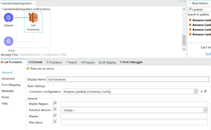 Mule flow with the List Functions operation configured with empty optional fields