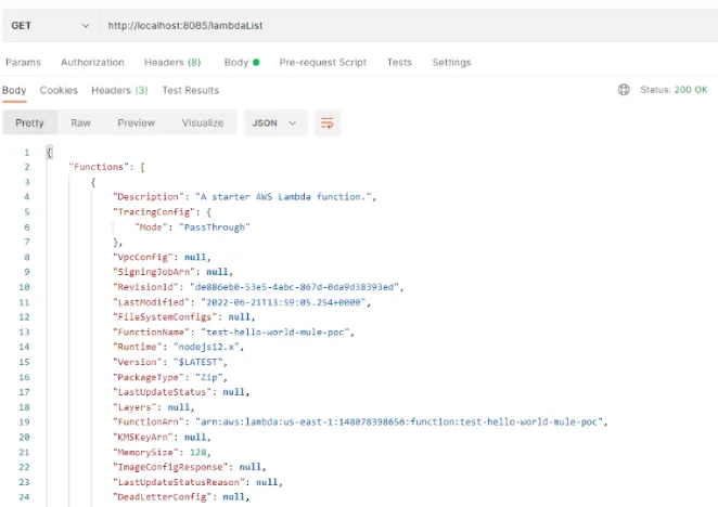 Postman calling lambdaList returning a Functions array of Lambda functions