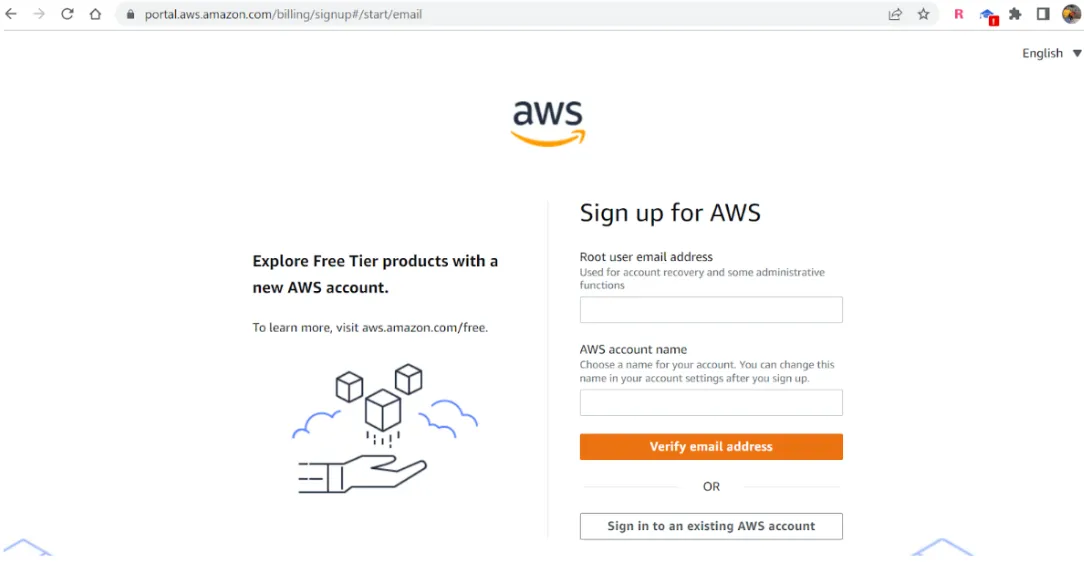 Sign up for AWS form asking for root user email address and AWS account name