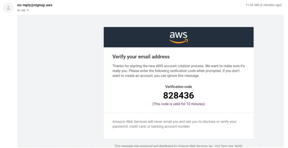 AWS "Verify your email address" email containing a verification code